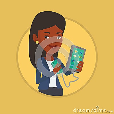 Woman reharging smartphone from portable battery. Vector Illustration