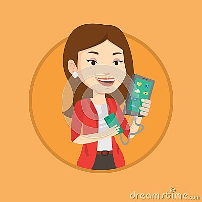 Woman reharging smartphone from portable battery. Vector Illustration