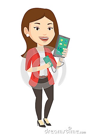 Woman reharging smartphone from portable battery. Vector Illustration