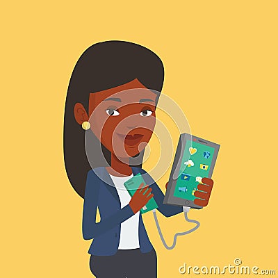 Woman reharging smartphone from portable battery. Vector Illustration
