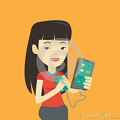 Woman reharging smartphone from portable battery. Vector Illustration