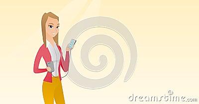 Woman reharging smartphone from portable battery. Vector Illustration