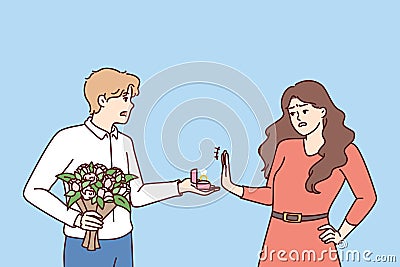 Woman rejects marriage proposal from man holding engagement ring and bouquet of flowers Vector Illustration