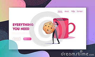 Woman Relax on Break with Cup of Coffee Landing Page Template. Tiny Female Carry Cookie at Huge Cup with Hot Beverage Vector Illustration