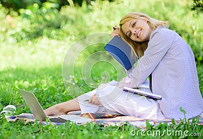 Woman relax nature background. Save time for relax. Create break for yourself. Smart time management. Save your time Stock Photo