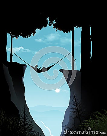 A woman relaxes in a hammock suspended between trees but hanging over a deep ravine Cartoon Illustration