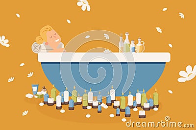 Woman relaxing in bathtub, vector illustration. Burning candles in bathroom for romantic atmosphere, enjoy spa procedure Vector Illustration