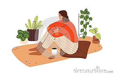 Woman relaxing at cozy home on winter holiday. Young girl in warm socks, sitting on floor with tea mug. Female alone Vector Illustration