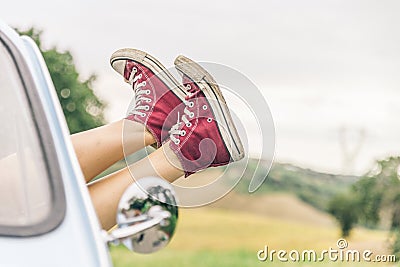 Woman relaxing in her car Stock Photo