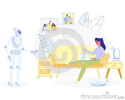 Woman Relaxing at Home Robot Doing Household Works Vector Illustration
