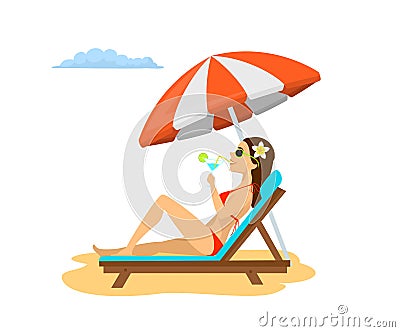 Woman relaxing on the sun chair under beach umbrella on vacation, sunbathing, drinking cocktail. Vector Illustration