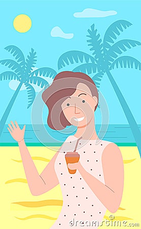 Woman Relaxing on Vacation, Sunshine on Beach Vector Illustration