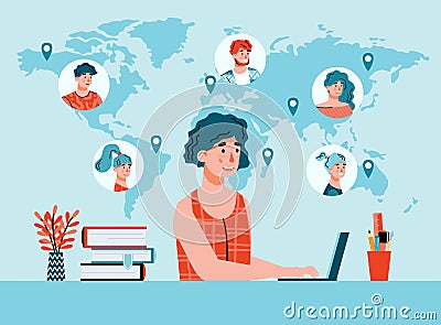 Woman remotely working on computer, flat cartoon vector illustration background Vector Illustration