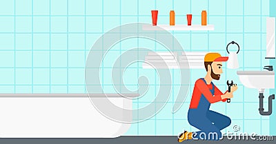 Woman repairing sink. Vector Illustration
