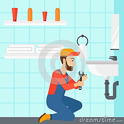 Woman repairing sink. Vector Illustration