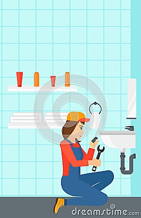 Woman repairing sink. Vector Illustration