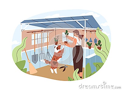 Woman replanting potted plants, work under garden shelter in dacha. Rural summer lifestyle of person and dog. Happy Vector Illustration