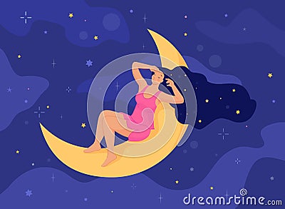 Woman rest on moon. Mystery girl calm dreaming and sleeping in night star sky, healthy deep sleep beautiful female with Vector Illustration