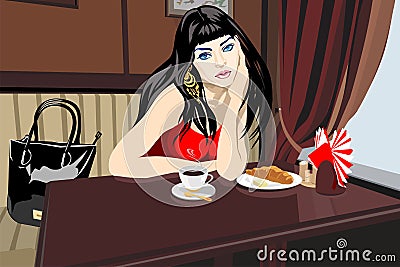 Woman at restaurant table Cartoon Illustration