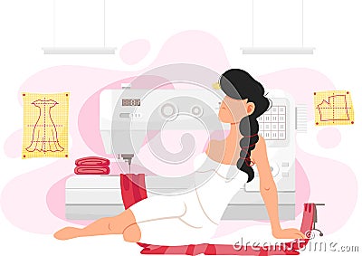 Woman resting in atelier. Sewing machine with piece of red fabric while making clothes to order Vector Illustration