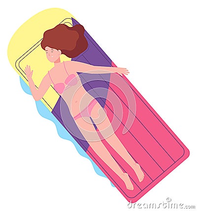 Woman resting on inflatable bed. Summer swimming character Vector Illustration