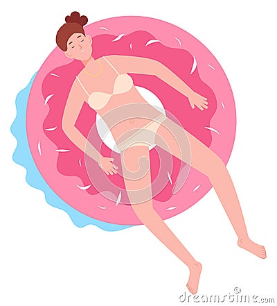 Woman resting on inflatable donut. Cartoon summer joy Vector Illustration