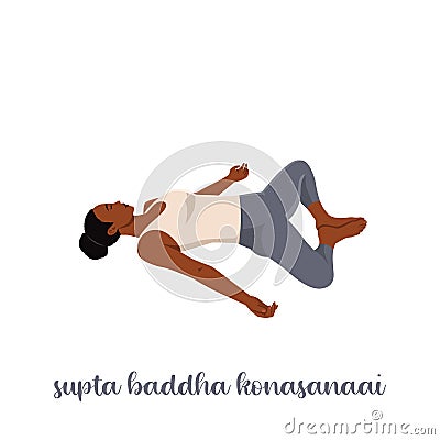 Woman resting in Reclining Bound Angle yoga Pose, Supta Baddha Konasana, restorative, relaxing asana Cartoon Illustration