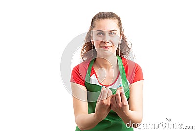 Woman retail or supermarket employee begging Stock Photo