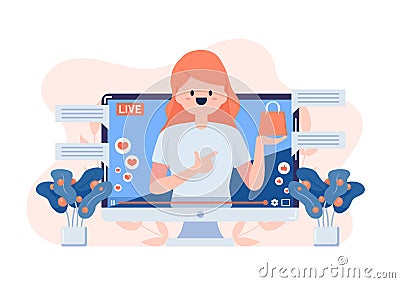 Woman Review or Selling Her Product Through Live Streaming Vector Illustration