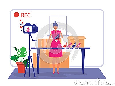 Woman Review or Selling shoes Through Live Streaming. shop onlin Vector Illustration