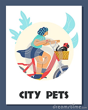 Woman rides a bicycle with a cat in a basket, vector card template Vector Illustration