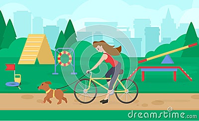 A woman riding on a bicycle, the dog runs. Dog training park with sport equipment. . Cynology. Flat vector. Vector Illustration