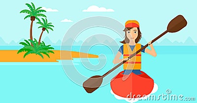 Woman riding in canoe. Vector Illustration