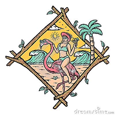 Woman riding a flamingo on the beach illustration Vector Illustration