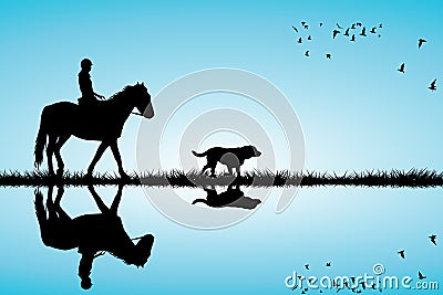 Woman riding a horse and dog Vector Illustration
