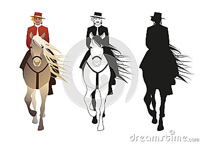 Woman riding a horse Spanish style, wearing flower, hat and typical Andalusian clothes Vector Illustration