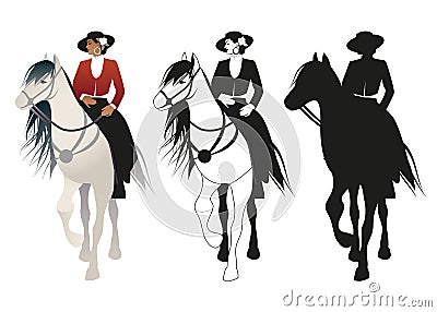 Woman riding a horse Spanish style, wearing flower, hat and typical Andalusian clothes Vector Illustration