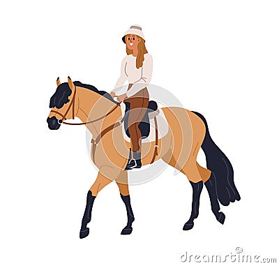 Woman riding horse. Stallion trotting with equestrian on horseback. Equine stroll, horseriding hobby, activity. Happy Vector Illustration