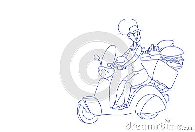Woman riding motor bike fast food delivery service concept female motorcycle driver hamburger fried sketch doodle Vector Illustration