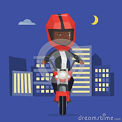 Woman riding motorcycle at night. Vector Illustration