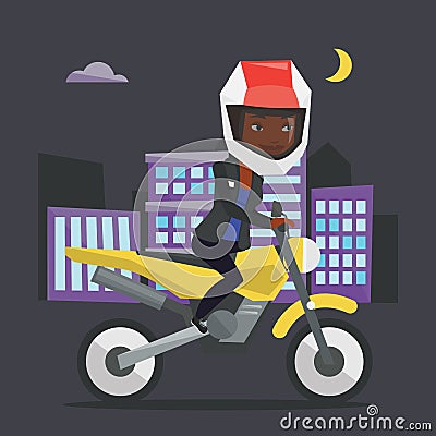 Woman riding motorcycle at night. Vector Illustration