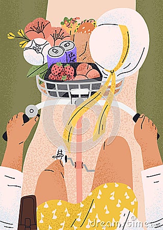 Woman riding retro bicycle on summer holidays. Top view of cyclist with hands on bike handlebars and legs on pedals Vector Illustration