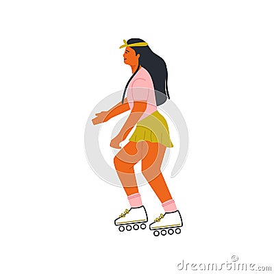 Woman riding roller skate. Abstract female character roller blading, girl roller skates outdoor. Vector illustration Vector Illustration