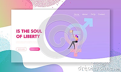 Woman Rights, Emancipation and Feminism Landing Page Template. Tiny Female Sit on Huge Combined Symbol Venus and Mars Vector Illustration