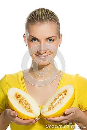 Woman with ripe melon Stock Photo