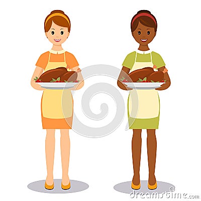 Woman with roasted turkey Vector Illustration