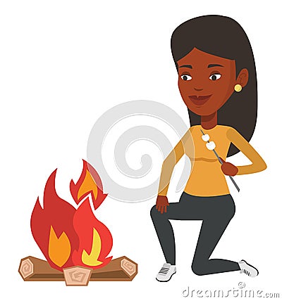 Woman roasting marshmallow over campfire. Vector Illustration