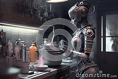 Woman robot cooks in kitchen, humanoid AI android stands at stove, generative AI Stock Photo