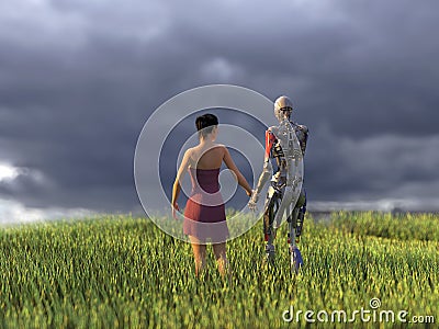 Woman and robot on green field Stock Photo