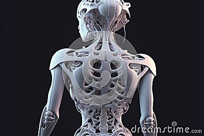Woman robot made of white brushed metal humanoid rear view on a dark background.Android girl made of white plastic. Stock Photo